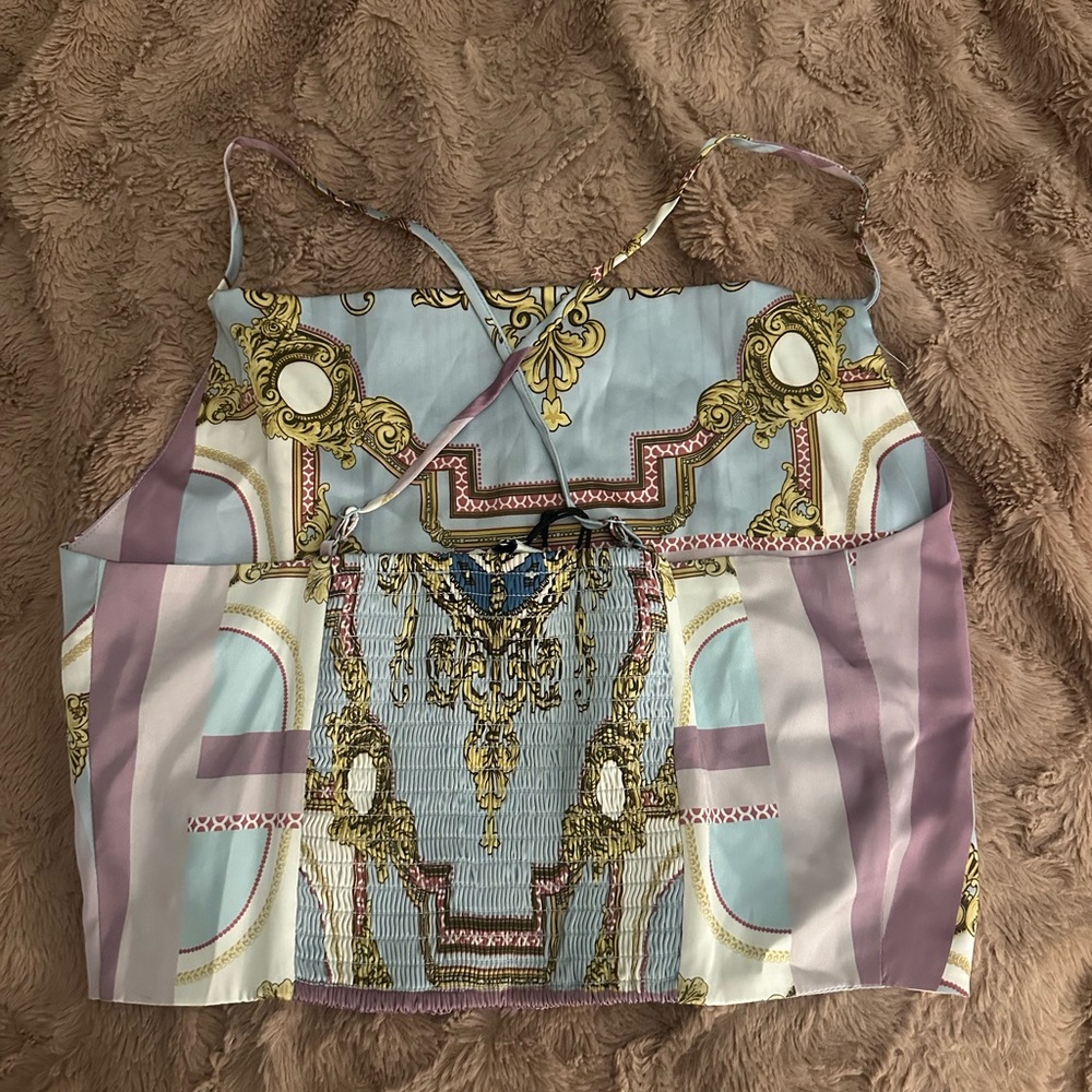 Rachel Zoe Versace inspired Blue and Gold Baroque Print Top - Picture 2 of 5